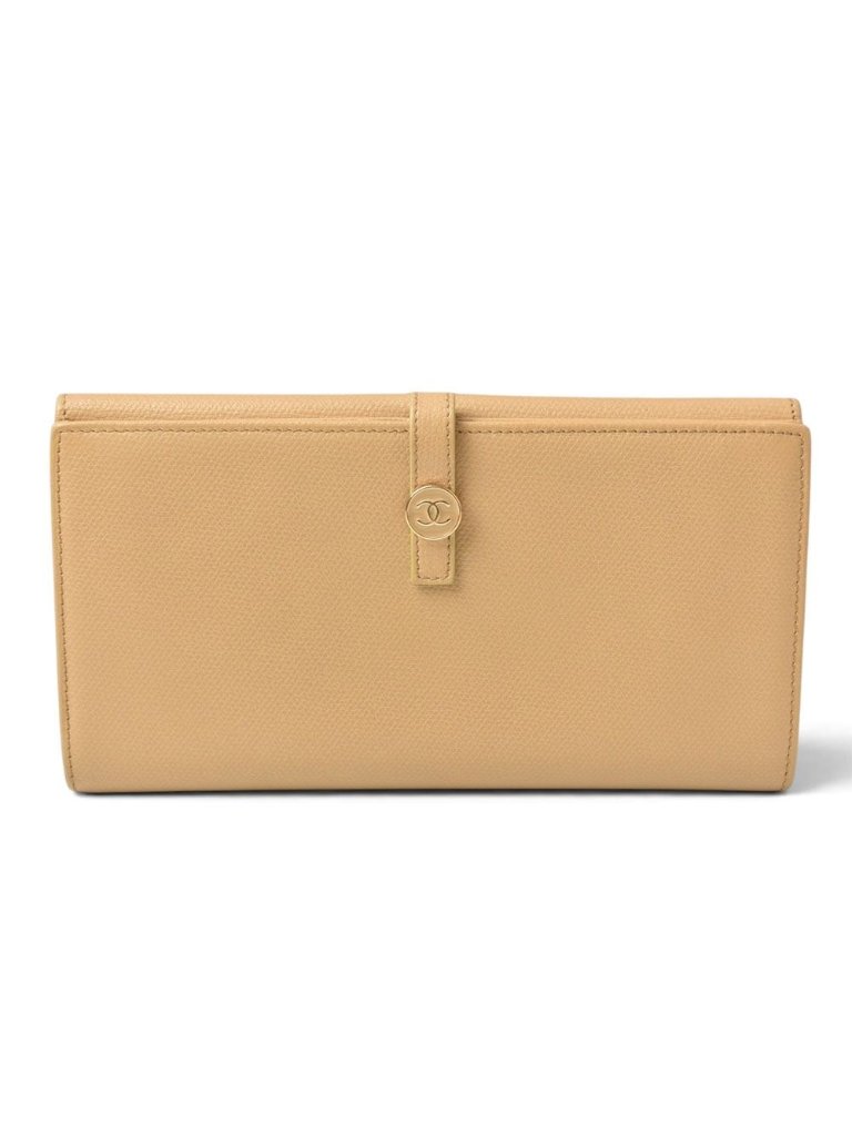 Chanel Wallet Coco Button Bifold Leather Beige